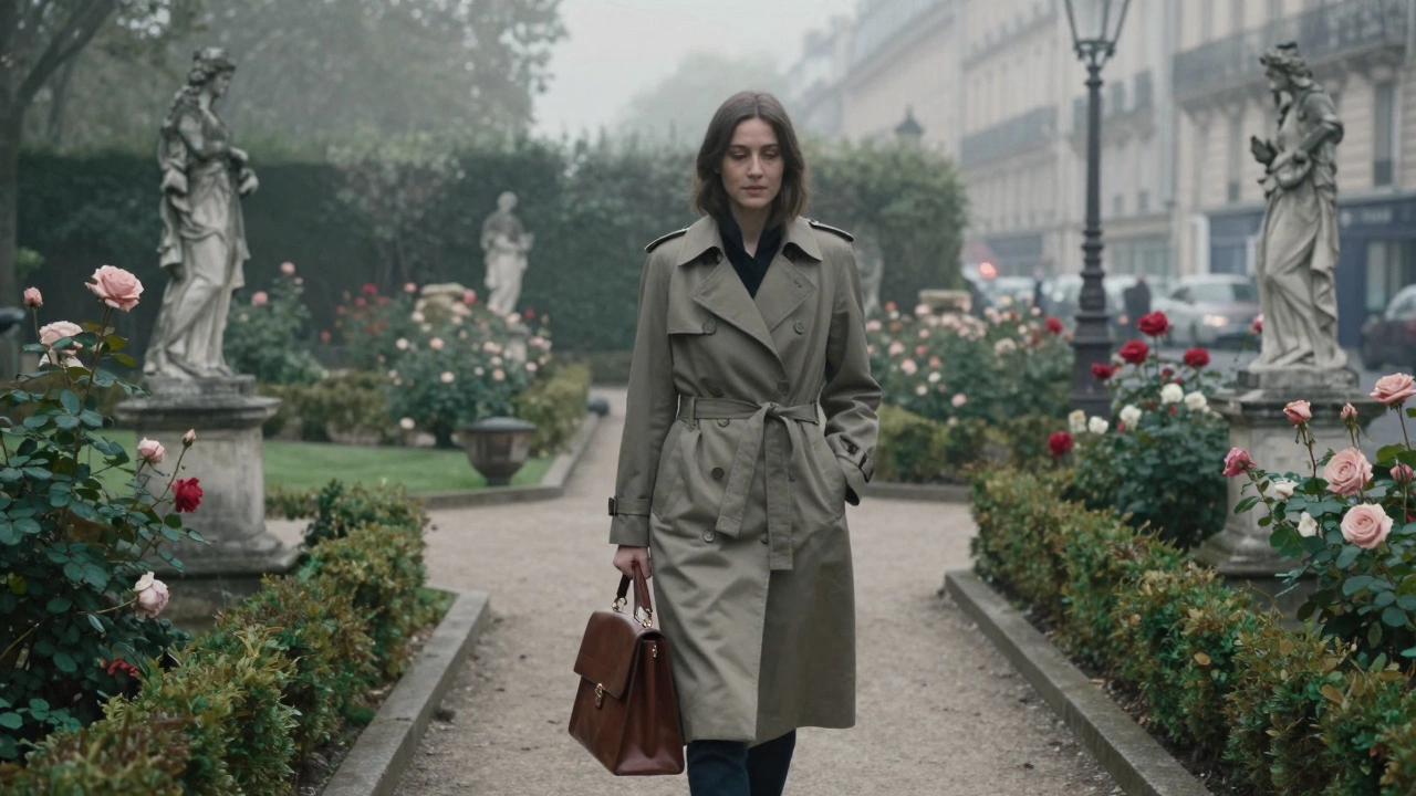 A woman walking alone through a misty Paris garden at dawn, serene and private.