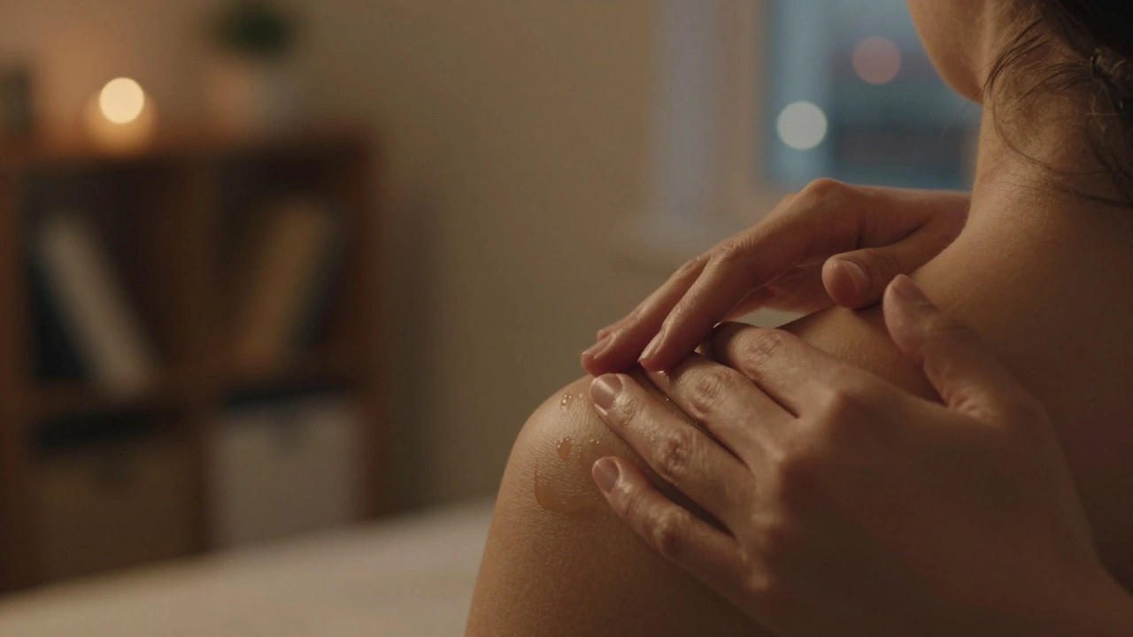 Gentle hands applying warm oil to a shoulder in a softly lit room, conveying quiet care and connection.