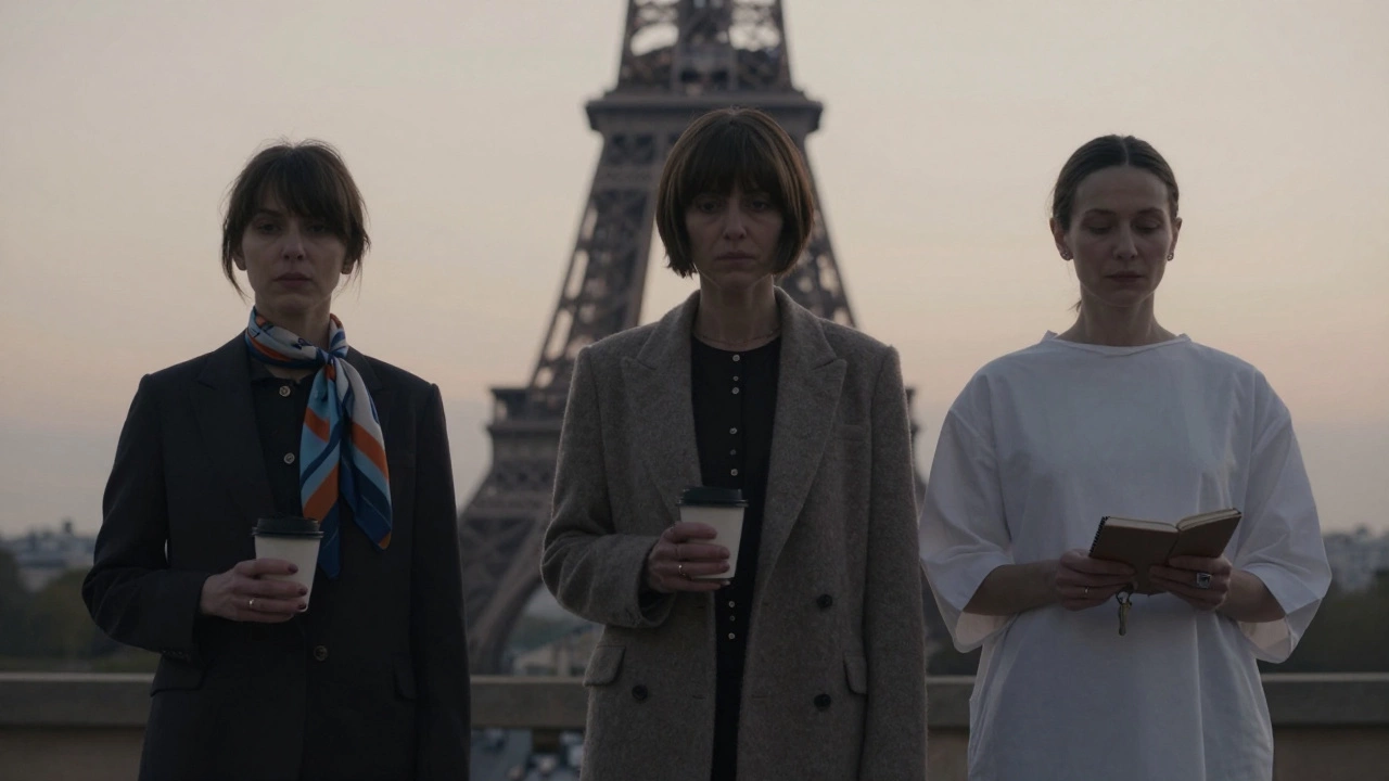 Three anonymous women in Parisian attire, each holding a personal object, silhouetted at twilight.
